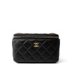 Black Lambskin Quilted Pearl Crush Vanity Case With Chain Antique Gold - Image 2