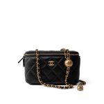 Black Lambskin Quilted Pearl Crush Vanity Case With Chain Antique Gold