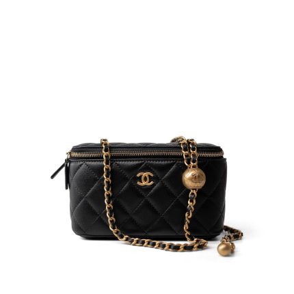 Black Lambskin Quilted Pearl Crush Vanity Case With Chain Antique Gold