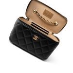 Black Lambskin Quilted Pearl Crush Vanity Case With Chain Antique Gold - Image 4