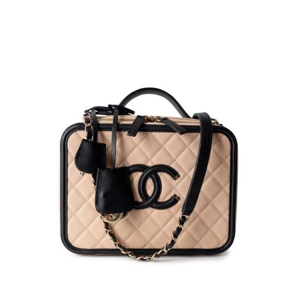 Beige / Black Caviar Quilted Filigree Vanity Case Large Light Gold Hardware