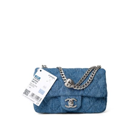 Blue Denim Quilted Camelia Mini Flap Aged Silver Hardware