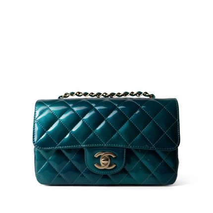 23P Multi Tone Green Patent Quilted Mini Rectangular Flap Light Gold Hardware