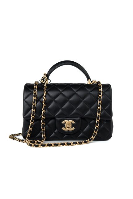 21A Black Lambskin Quilted Mini Top Handle Antique Gold Hardware