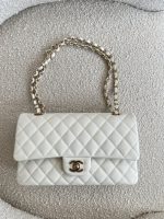 21A White Caviar Quilted Classic Flap Medium LGHW - Image 13