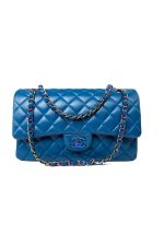 21P Blue Lambskin Quilted Classic Flap Medium Rainbow Hardware