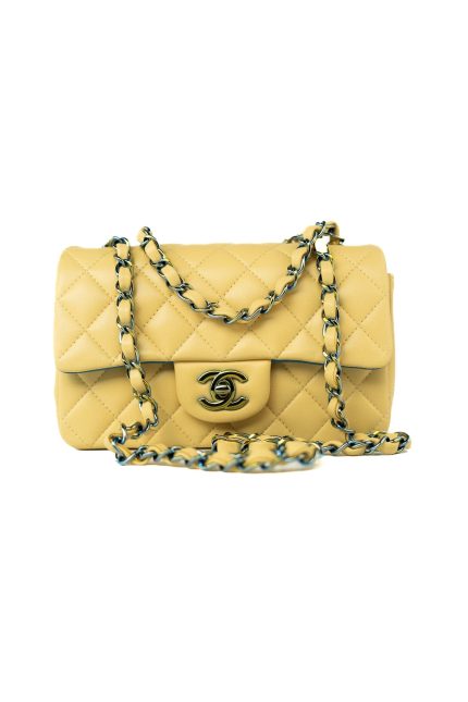21P Yellow Lambskin Quilted Mini Rectangular Single Flap Blue Interior / Rainbow Hardware