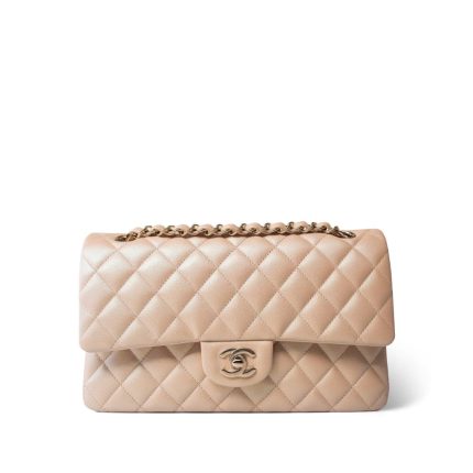 21S Pearly Beige Calfskin Quilted Classic Double Flap Light Gold Hardware