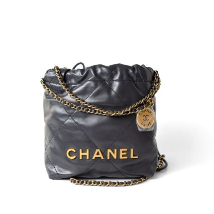 23B Dark Grey Calfskin Quilted Mini 22 Bag Antique Gold Hardware