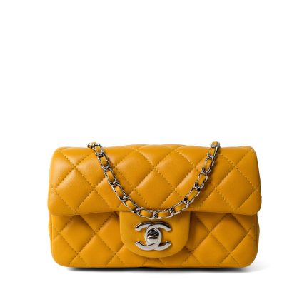 Autumn Yellow Lambskin Quilted Extra Mini Rectangular Flap Silver Hardware