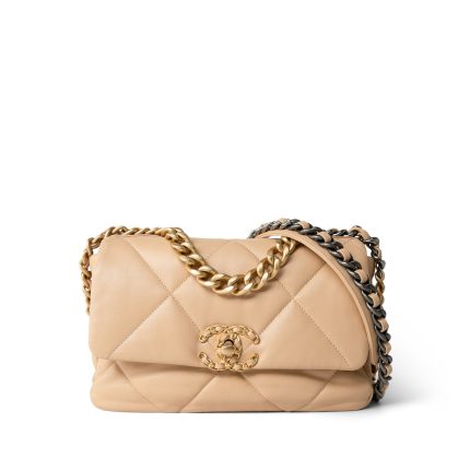 22C Beige Clair Lambskin Quilted 19 Flap Small Mixed Hardware