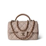 22C Light Beige / Beige Lambskin Quilted Mini Top Handle Light Gold Hardware