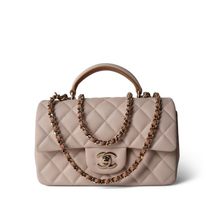22C Light Beige / Beige Lambskin Quilted Mini Top Handle Light Gold Hardware