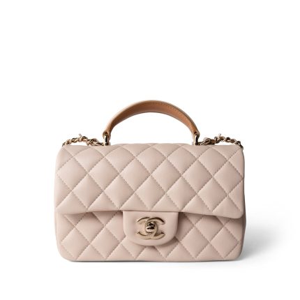 22C Light Beige / Beige Lambskin Quilted Mini Top Handle Light Gold Hardware