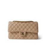 Beige Clair Lambskin Quilted Classic Flap Medium Gold Hardware