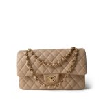 Beige Clair Lambskin Quilted Classic Flap Medium Gold Hardware - Image 10