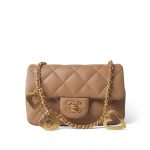 Dark Beige Lambskin Quilted Heart Charms Mini Flap Aged Gold Hardware