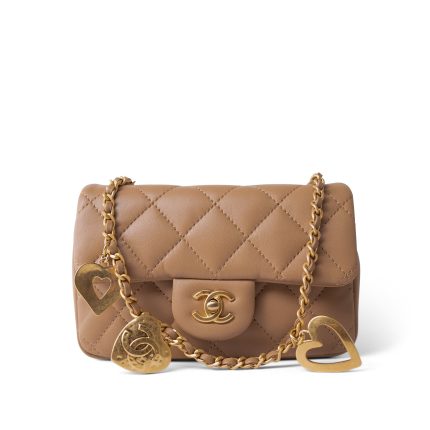Dark Beige Lambskin Quilted Heart Charms Mini Flap Aged Gold Hardware