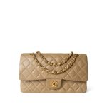 Vintage Dark Beige Lambskin Quilted Classic Flap Medium Gold Hardware