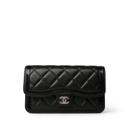 23B Black Lambskin Quilted O Phone Holder With Chain