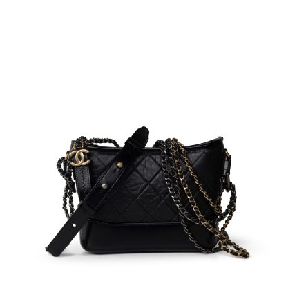 Black Aged Calfskin Quilted Gabrielle Hobo Bag Small Mixed Hardware