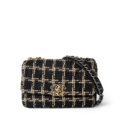 Black Beige Tweed Quilted 19 Flap Small Aged Gold Hardware