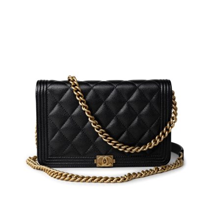 Black Caviar Quilted Boy Wallet on Chain (WOC) Antique Gold Hardware
