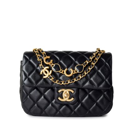 Black Coco De Toi Heart Chain Small Square Flap Bag Antique Gold Hardware