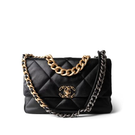 Black Lambskin Quilted 19 Flap Medium/Large Mixed Hardware