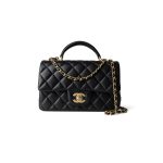Black Lambskin Quilted Mini Top Handle Antique Gold Hardware - Image 2