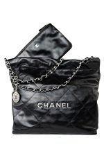 Black Calfskin Quilted Drawstring 22 Bag Small Antique Silver Hardware