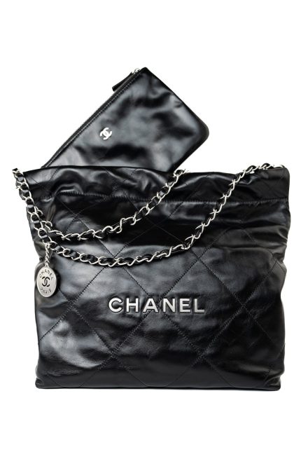 Black Calfskin Quilted Drawstring 22 Bag Small Antique Silver Hardware