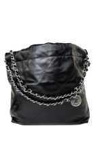 Black Calfskin Quilted Drawstring 22 Bag Small Antique Silver Hardware - Image 6