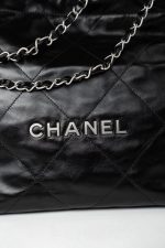 Black Calfskin Quilted Drawstring 22 Bag Small Antique Silver Hardware - Image 8