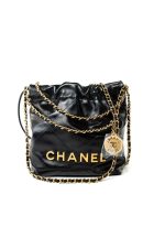 Shiny Black Calfskin Quilted Mini 22 Bag Antique Gold Hardware
