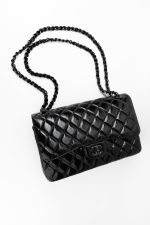 So Black Shiny Crumpled Calfskin Quilted Jumbo Double Flap