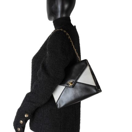 Vintage Black and White Lambskin Envelope Shoulder Bag Gold Hardware