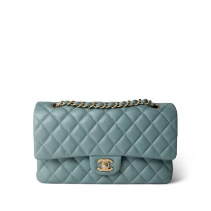 18C Pearly Light Blue Caviar Quilted Classic Flap Medium Antique Gold Hardware