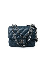 Navy Blue Caviar Quilted Mini Square Single Flap Silver Hardware - Image 13