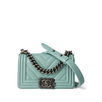 20C Tiffany Blue Caviar Chevron Small Boy Bag Ruthenium Hardware