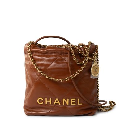 23A Light Brown Calfskin Quilted Mini 22 Bag Antique Gold Hardware
