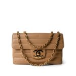 Beige Jumbo Horizontal Stripe Single Flap Gold Hardware - Image 9