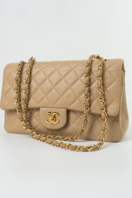 Vintage Beige Lambskin Quilted Classic Flap Medium GHW