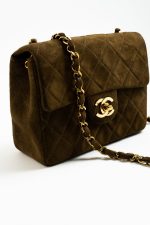 Vintage Brown Suede Quilted Mini Square Flap GHW - Image 3