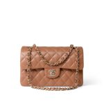 22S Caramel Lambskin Quilted Classic Flap Small Light Gold Hardware