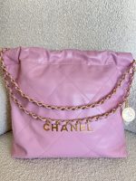 Chanel 22 Pink Shiny Calfskin Quilted Drawstring Bag Small GHW