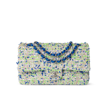 23S White Blue Green Tweed Quilted Classic Flap Medium