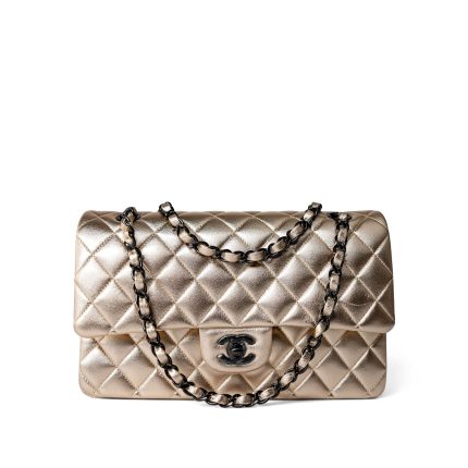 Gold Metallic Lambskin Quilted Classic Flap Medium Gold / Black