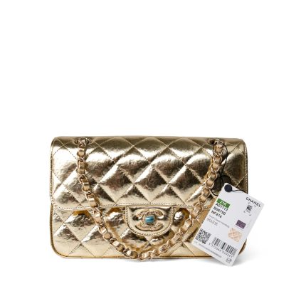Metallic Hammered Gold Calfskin Quilted Small Double Flap Gold/Black