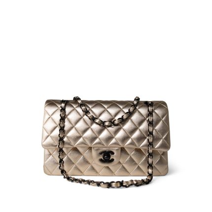 Gold Metallic Lambskin Quilted Classic Flap Medium Gold / Black